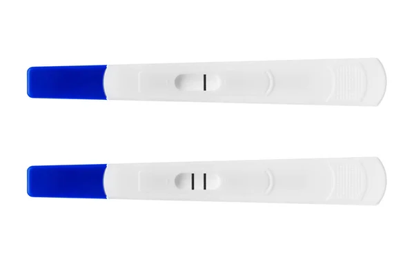 Σετ Τεστ Εγκυμοσύνης Που Απομονώνονται Λευκό Φόντο — Φωτογραφία Αρχείου