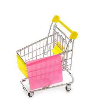 Kağıt alışveriş beyaz arka plan üzerinde izole sepeti üzerinde Not