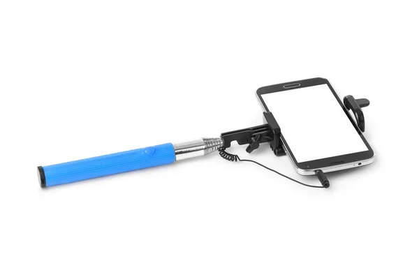 Smartphone Con Selfie Stick Isolato Sfondo Bianco — Foto Stock