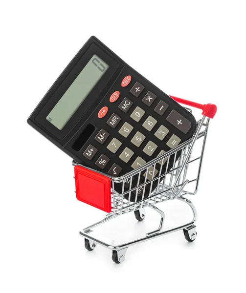 Calculadora Carrinho Compras Isolado Fundo Branco — Fotografia de Stock