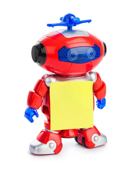 Speelgoedrobot Met Blanco Papier Geïsoleerd Witte Achtergrond — Stockfoto