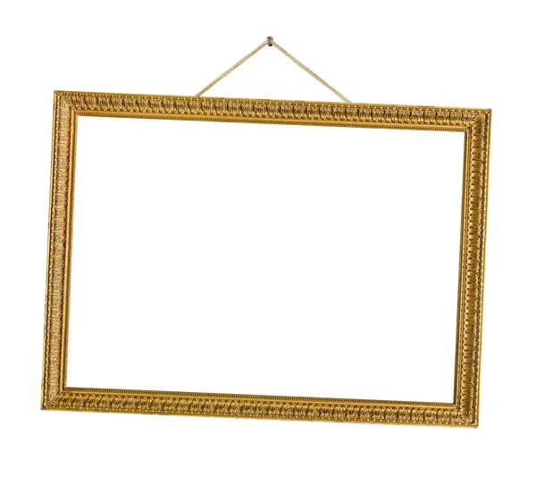Old Wooden Picture Frame Hanging Rope Isolated White Background — Stock Photo, Image