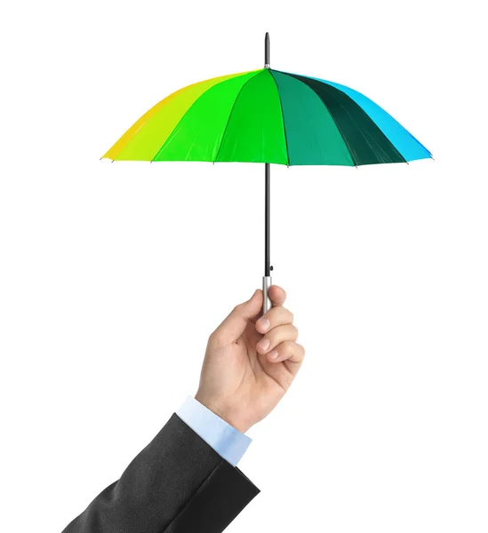 Kéz Kis Esernyő Elszigetelt Fehér Háttér — Stock Fotó