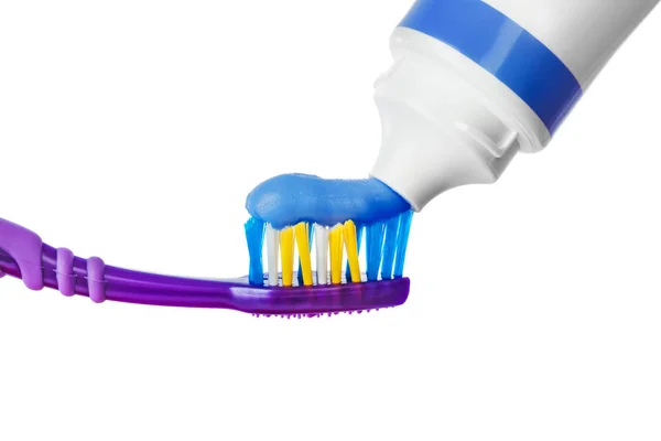 Οδοντόβουρτσα Και Πάστα Που Απομονώνονται Λευκό Φόντο — Φωτογραφία Αρχείου