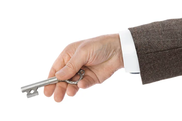 Χέρι Ρετρό Ασημένιο Κλειδί Που Απομονώνεται Λευκό Φόντο — Φωτογραφία Αρχείου