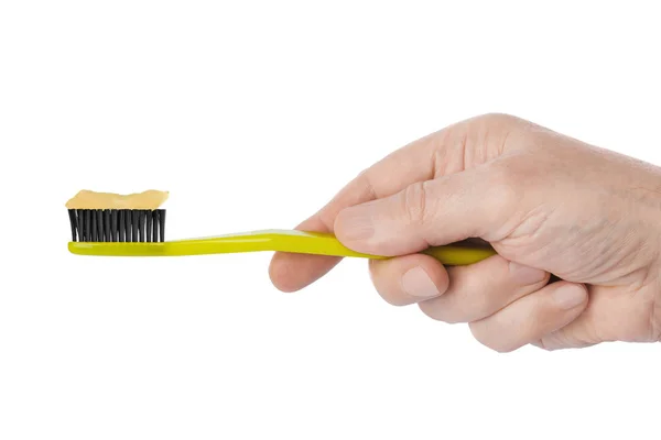 Mão Com Escova Dentes Isolada Fundo Branco — Fotografia de Stock