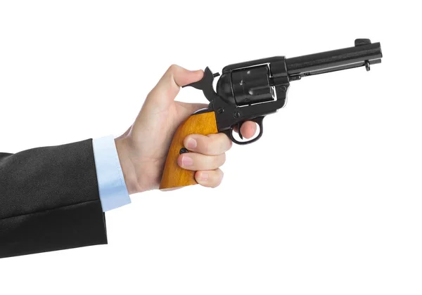 Hand Met Revolver Geïsoleerd Witte Achtergrond — Stockfoto