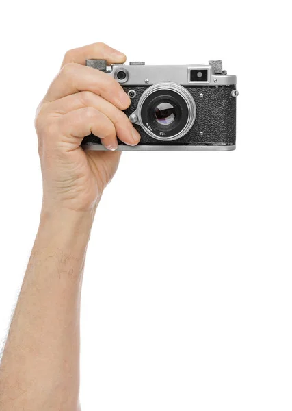 Vintage Fotokamera Der Hand Isoliert Auf Weißem Hintergrund — Stockfoto