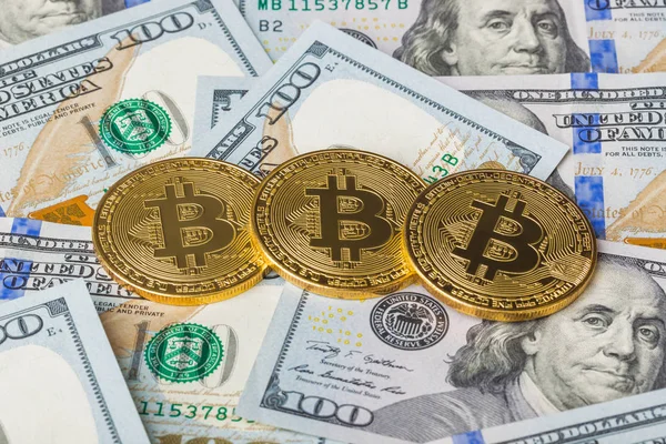 Bitcoins and money - business background — Stock Photo, Image