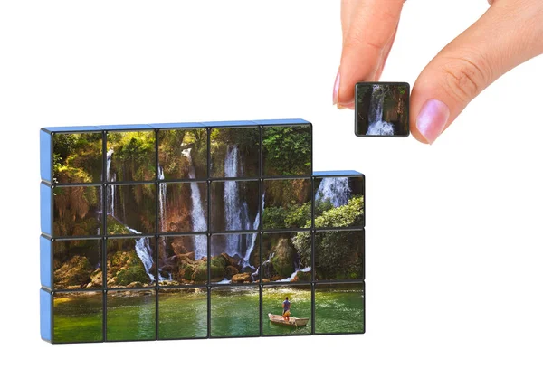 Hand and Kravice waterfall in Bosnia and Herzegovina puzzle (my — Stock Photo, Image