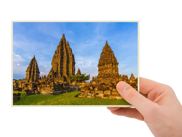 Hand och Prambanan temple i Indonesien (mitt foto) — Stockfoto