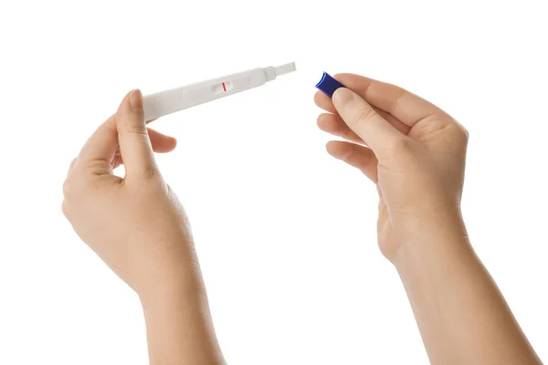 Hamilelik testi ile kadın el — Stok fotoğraf