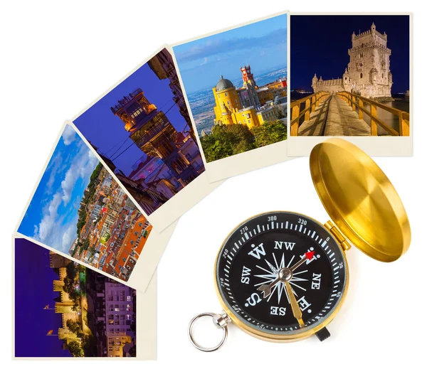 Cestovní obrázky z Lisabonu (Moje fotografie) a kompas — Stock fotografie