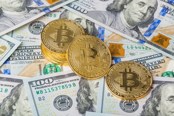 Bitcoins and money - business background — Stock Photo, Image