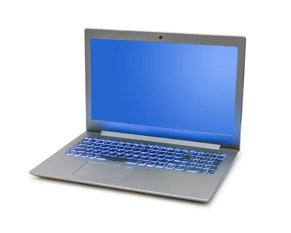 Computador Notebook Com Backlight Teclado Azul Isolado Fundo Branco — Fotografia de Stock