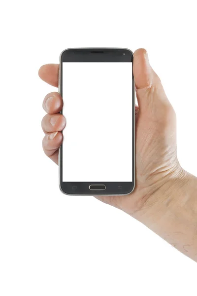 Hand Met Smartphone Geïsoleerd Witte Achtergrond — Stockfoto