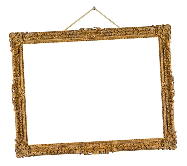 挂在白色背景上的绳子上的旧木制画框 — 图库照片