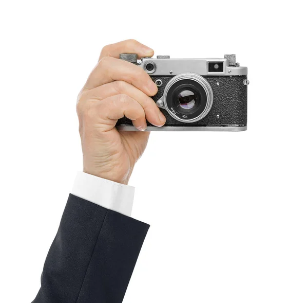 Vintage Fotokamera Der Hand Isoliert Auf Weißem Hintergrund — Stockfoto