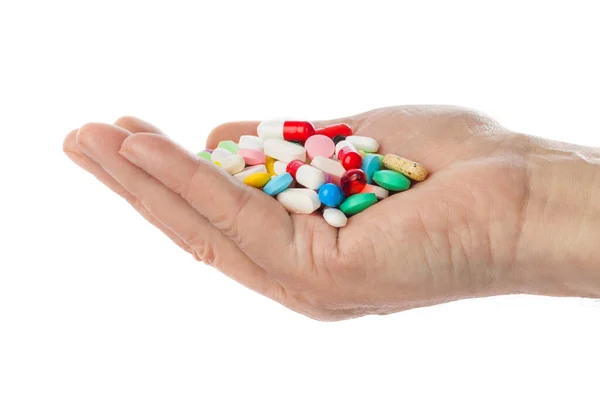 Kéz Tabletták Elszigetelt Fehér Háttér — Stock Fotó