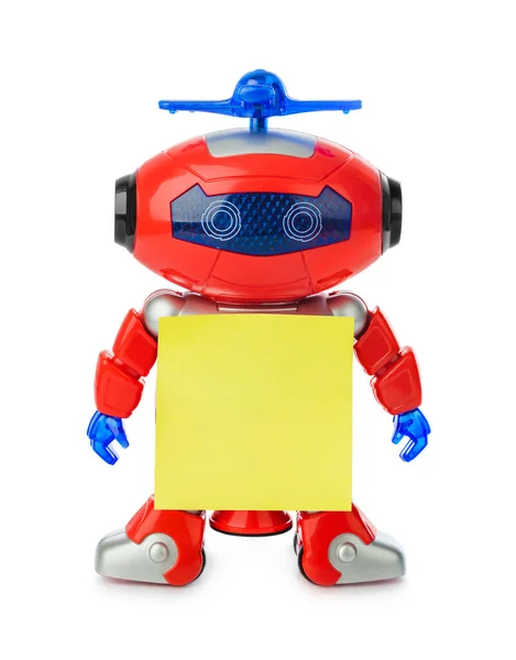Toy Robot Üres Papír Elszigetelt Fehér Háttér — Stock Fotó