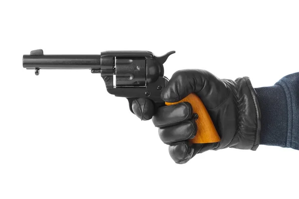 Hand Mit Revolver Isoliert Auf Weißem Hintergrund — Stockfoto