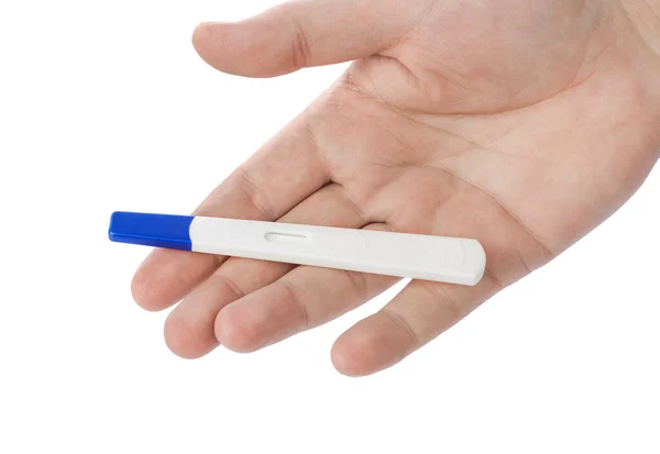 Mano Con Prueba Embarazo Aislada Sobre Fondo Blanco — Foto de Stock