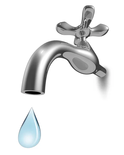 Chrome Water Tap Blue Drop Falling Isolated White Background Rendering — Stock Photo, Image