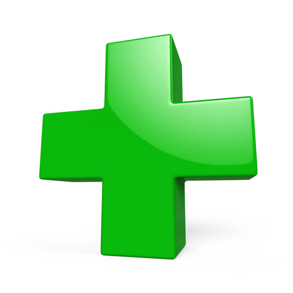Glossy green plus sign 3D render isolated on white background.