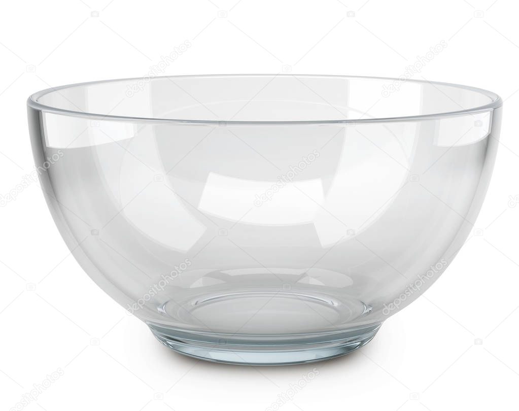 Empty transparent glass cooking bowl isolated on white background. 3D rendering of the salad-dish.