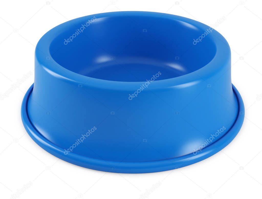 Blue pet bowl isolated on white background. 3D rendering of the dog or cat empty plate.