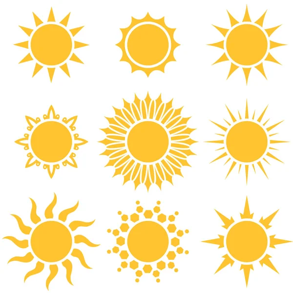 Flache Gelbe Sonne Cartoon Formen Isoliert Auf Weißem Hintergrund — Stockvektor