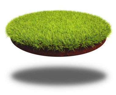 Yuvarlak kesilmiş parça toprak ile gür yeşil çim kaplı. Beyaz arka plan üzerinde izole arazi kesme 3D render.