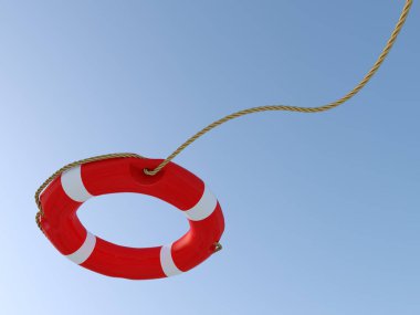 Beyaz ve kırmızı lifebuoy havaya atılan ip ile. 3D render kurtarma kavramı.
