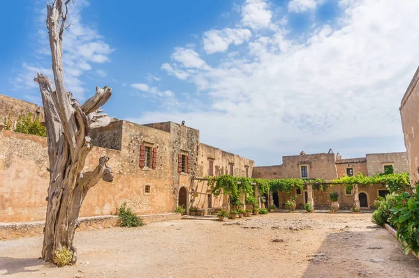 Arkadi Klooster Binnenplaats Met Oude Dode Cypress Boom Met Kogelgaten — Stockfoto