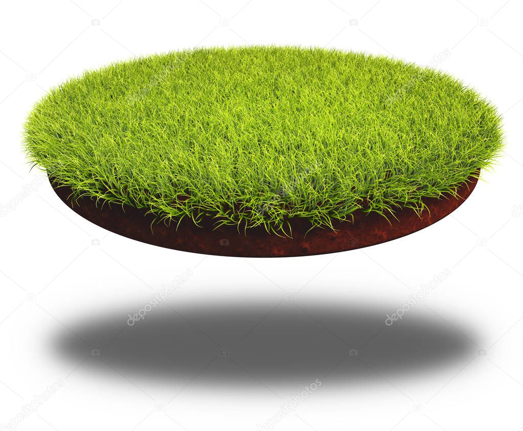 Round cut piece of soil covered with lush green grass. 3D rendering of the land cutting isolated on white background.