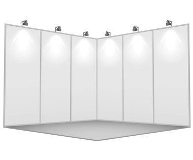 Boş beyaz sergi stand 3 x 3 Bölüm vektör şablon duvar aydınlatma ile.