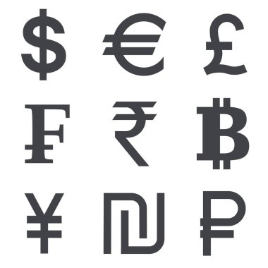 Para birimi vektör simgesi üzerinde izole beyaz arka plan ayarlayın. Para birimi simgeleri doları, euro, sterlin, Frangı, Rupisi, bitcoin, yuan, şekel, Rublesi topluluğu. 