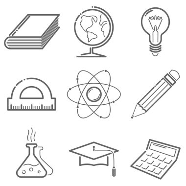 Çizgi stili kümesinde eğitim simgeler vektör. Okulu simgeler kitap, küre, ampul, cetvel, atom, kalem, kimya flask, mezuniyet şapka, hesap makinesi.