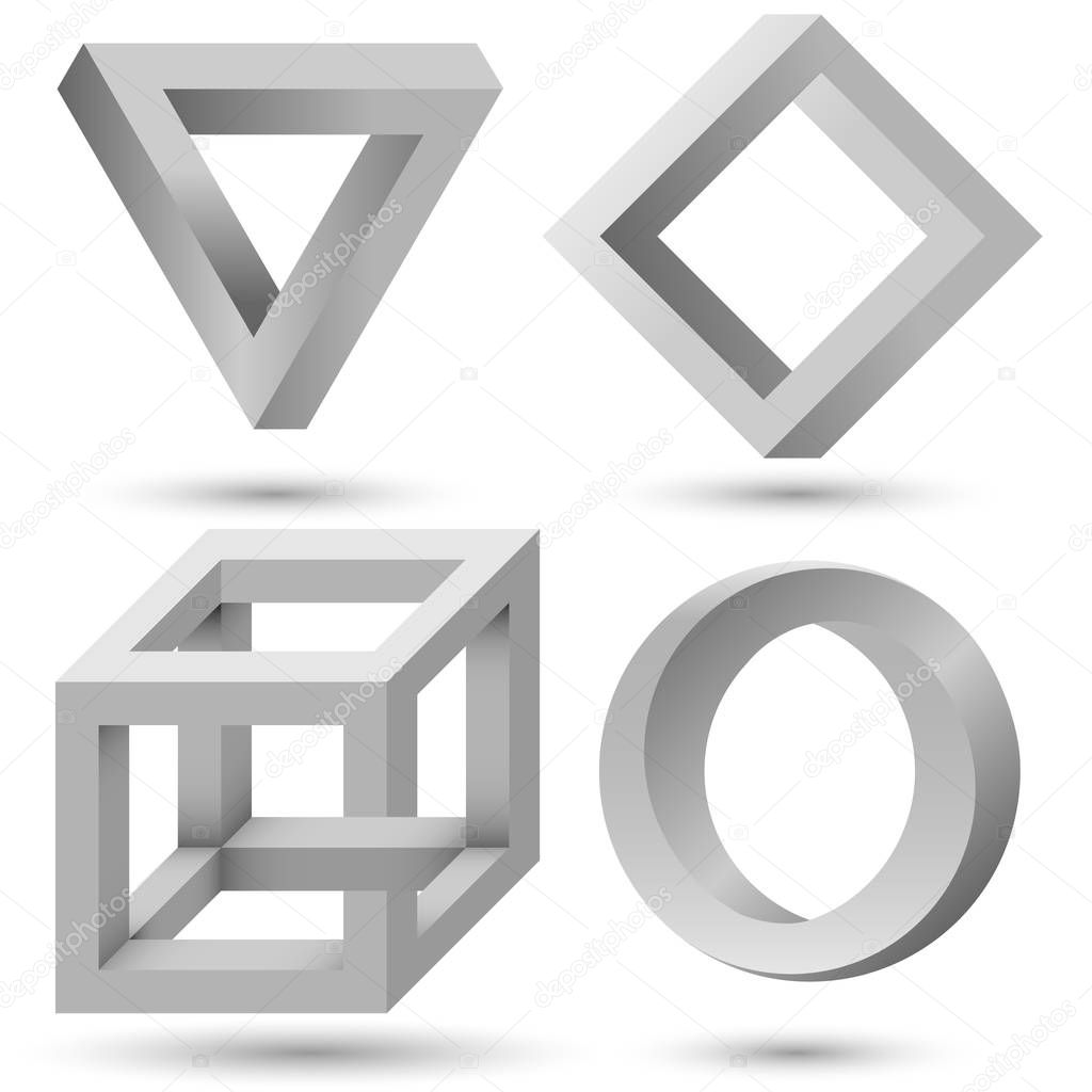 Shaded impossible geometric object set vector template. Impossible illusion triangle, cube, infinite loop and diamond isolated on white background. Can be used as logo, icon, sign or design element.