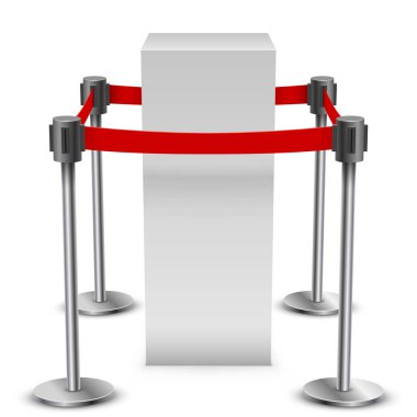 Boş beyaz Müzesi bariyer teyp vektör şablonu ile çevrili podyum görüntüler. Beyaz arka plan üzerinde izole sergi donatımı.