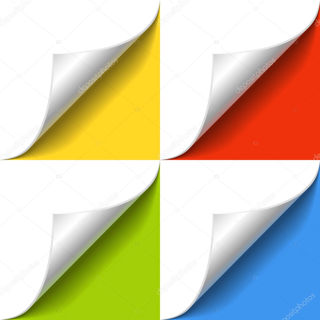 Curled corner of white paper page with shadow on color background vector template. Banner design element  with yellow, red, green and blue background.