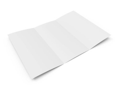 Beyaz arka plan üzerinde izole gölge ile boş beyaz üçe katlanmış kitapçık. 3D render.