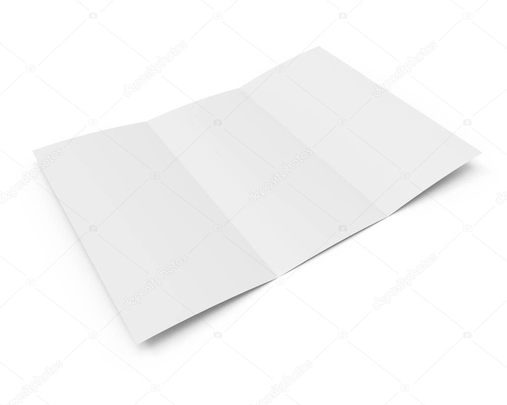 Blank white tri-fold booklet with the shadow isolated on white background. 3D rendering.