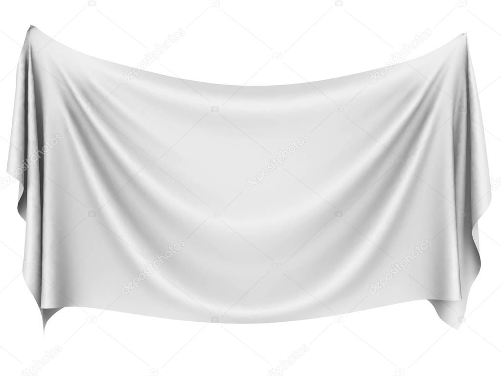 Blank white hanging cloth banner with folds isolated on white background. 3D rendering.
