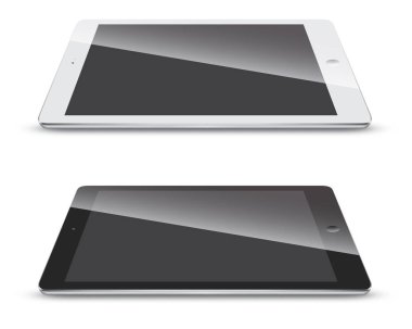 Tablet pc yan görünüm beyaz arka planda siyah beyaz versiyonu izole. Kayrak vektör mockup gölge ile.