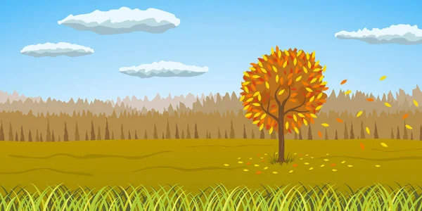 Paysage Automnal Jaune Orangé Avec Arbre Jauni Feuilles Tombantes Illustration — Image vectorielle