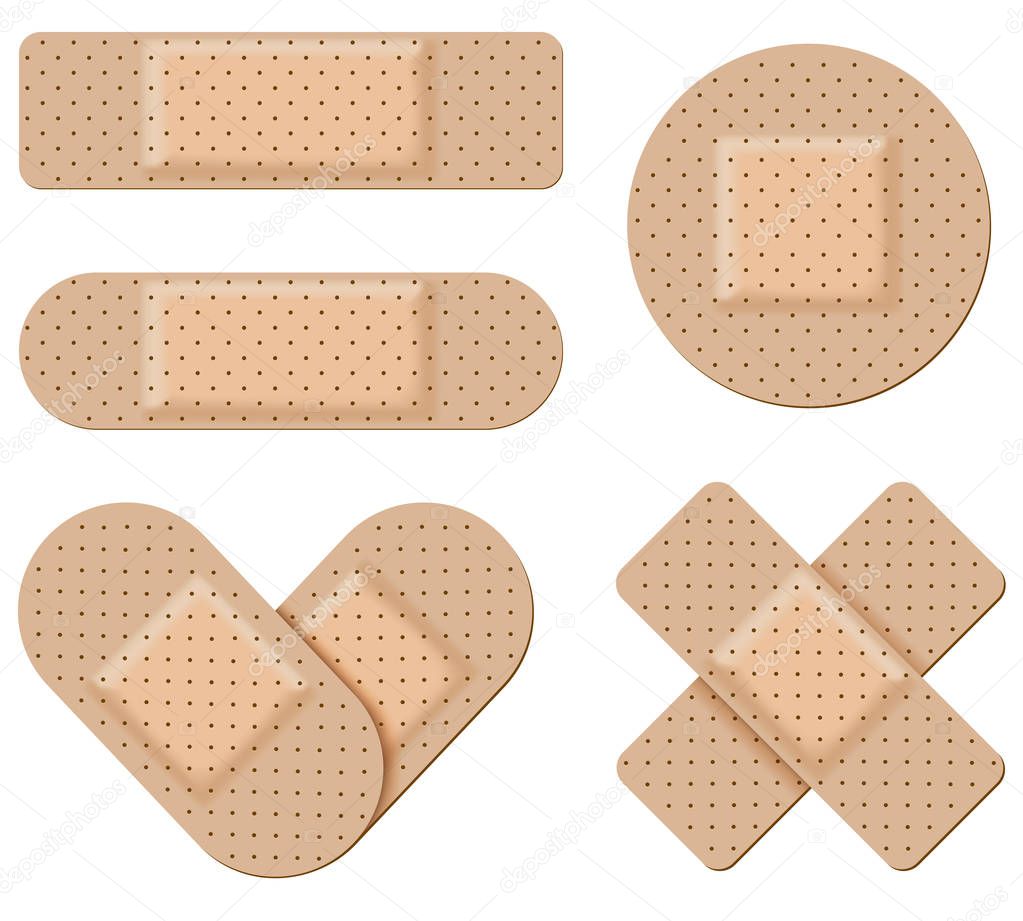 Antiseptic band-aid vector set isolated on white background.  Adhesive bandage collection in form of stripes, cross and heart.