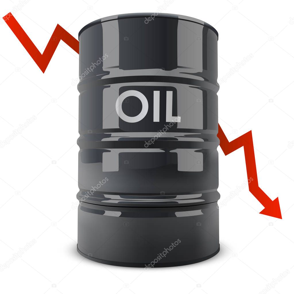 Black oil barrel with red arrow going down vector illustration. Oil price fall concept.
