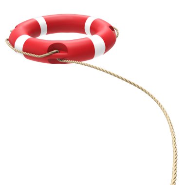 Kırmızı ve beyaz lifebuoy beyaz arka plan üzerinde izole havada uçan. 3D render. Kurtarma kavramı görüntü