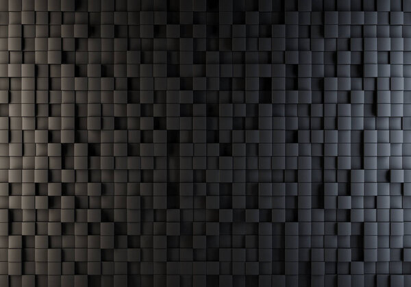 Black cubes randomly pushed out illuminated with warm and cool side lights background. 3D illustration.